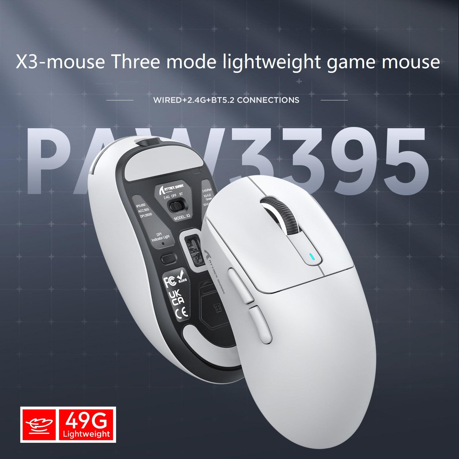 Attack Shark X3 Mouse Lightweight PAW3395 Suitable for Laptop Office Computer E-sports Game Three-mode Wireless Mouse